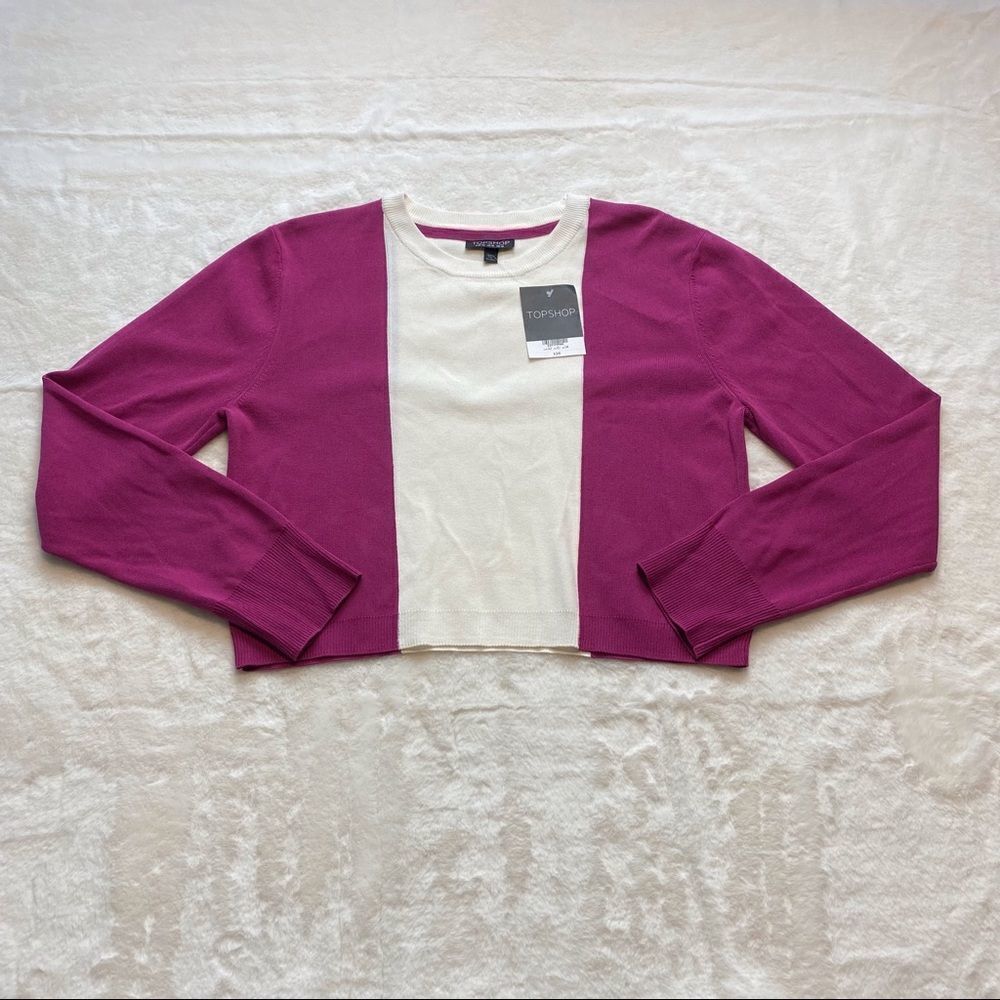 TopShop Long Sleeve Cropped Fuchsia/White Knit Crew Neck Top New With Tags